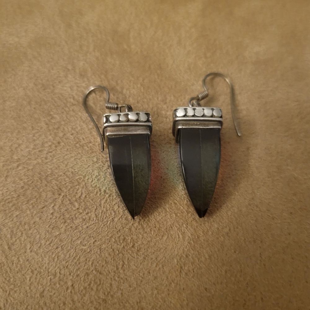 Handmade Silver and Green Iridescent Drop Earrings - Picture 4 of 5